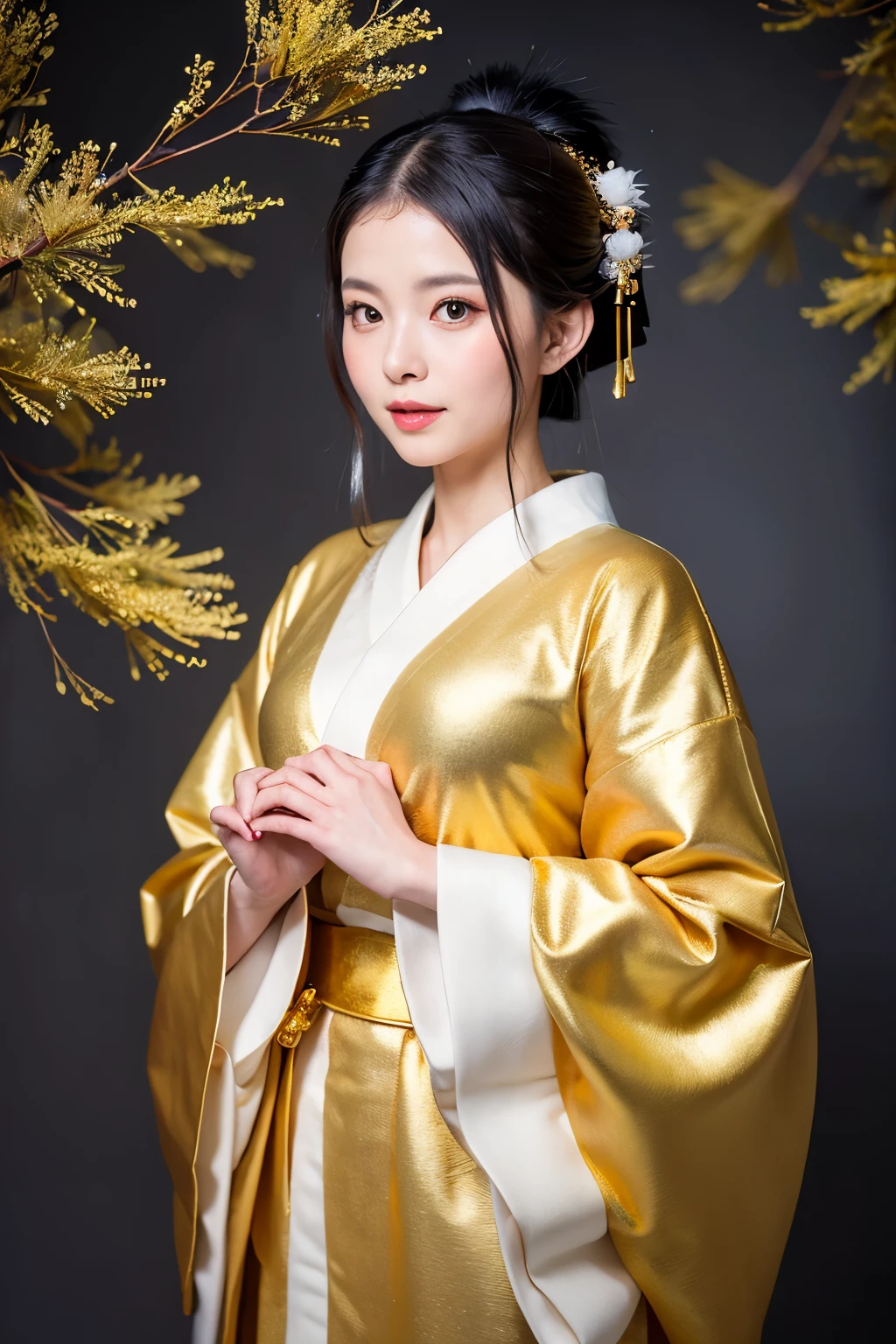 ((Highest quality)), ((masterpiece)), (detailed), ((Princess Kaguya)),((Super Beauty)),(Real),(8k),(Gold Kimono),(Wearing a feather robe),((Background gold snowstorm)),