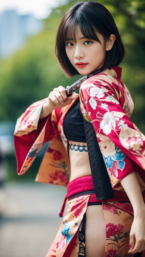 Beautiful Chinese woman, (16 years old), pretty face, red lips, white moisturized skin,
BREAK,
Athletic feminine body, Female fitness model body, Hard-toned feminine body, (muscles: 1.2), (beautiful belly button),
BREAK,
Martial arts, Kung fu, Idol,
BREAK,
(wearing cute kimono: 1.3), (red long boots 1.3), necklace, very large earrings, short length,
BREAK,
Short hair, (short bob hair), (bangs: 1.2), (pink hair), (wavy hair),
BREAK,
(very large sword: 1.4), (holding sword handle in hand: 1.3), (raising very large sword: 1.2), (getting into a fighting stance),
BREAK,
(Japanese tattoo: 1.4),
BREAK,
Masterpiece, perfect lighting, ultra-high resolution, 8K, (highly detailed: 1.4), (Front view), Looking at the camera, Melancholic expression,
BREAK,
(Tokyo city, lots of people in the background), Japanese city background,