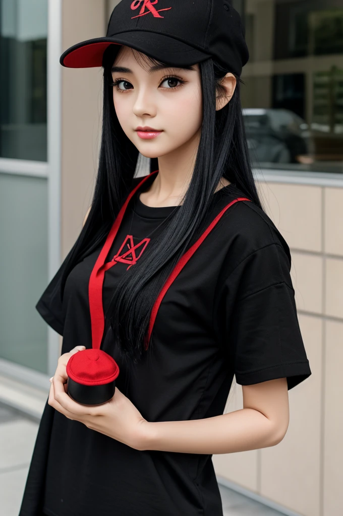 Anime doll with black hair, black shirt with red and a cap