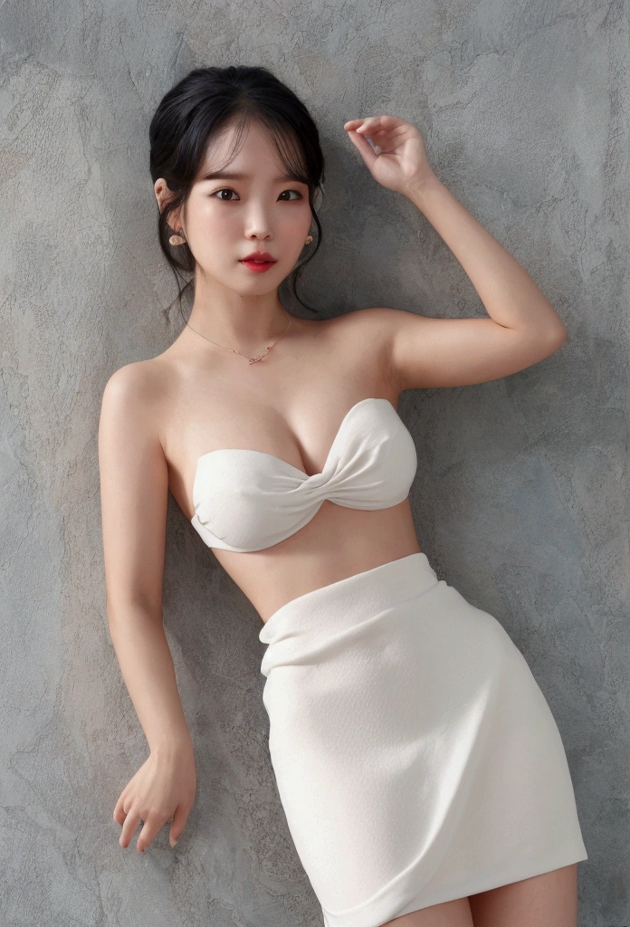 (Highly detailed body,Highly detailed face,Best quality at best:1.2) ,A woman who is,looki at viewer,(Bandeau,pleatedskirt)(white backgrounid:1.2)