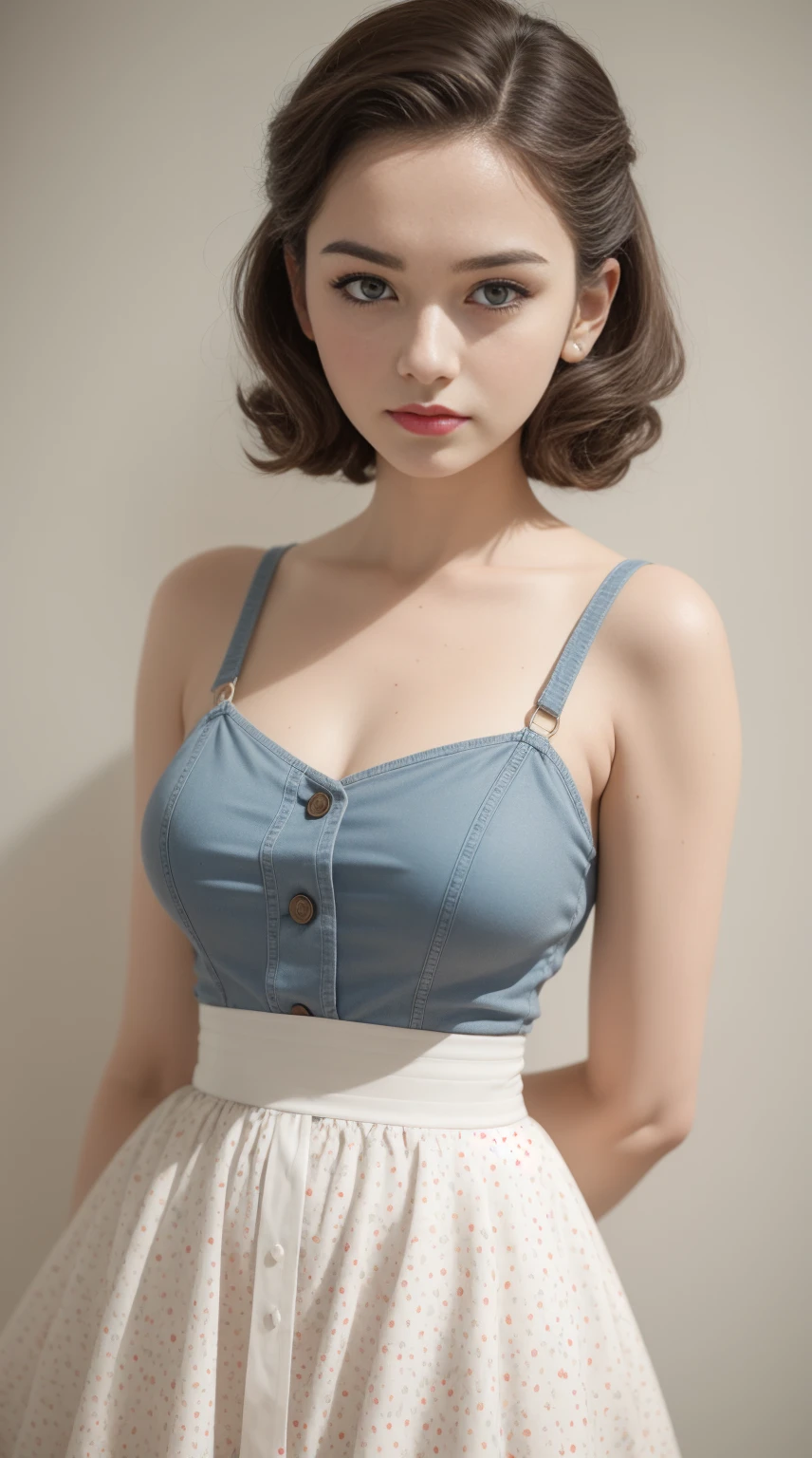 minimalist, 1950s Watercolor, Pen and Ink, a 25 yo girl in retro fashion, pin-up style, close-up, face shot
, depiction of rural life, light gray and light brown and red and white and blue, in the style of classical Americana, mottled, playful innocence, white dotted, cutout from white background, in the style of Andrew Loomis, masterpie Ice art work.
