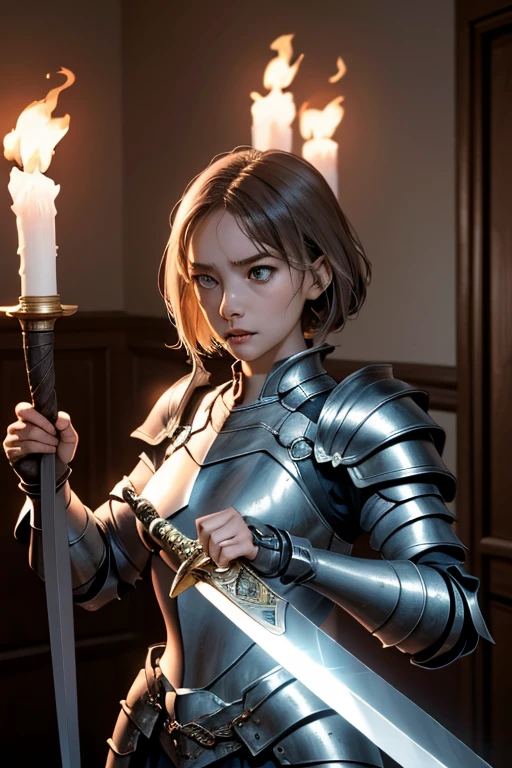 ((masterpiece, Highest quality)), ((Detailed CG integrated 8K people)), Rooms in the dungeon, torches, Woman fighting monsters, Sword in hand, Wear armor, head to waste,