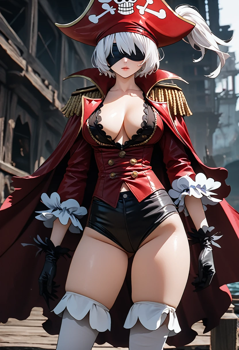 Character 2B, wearing a red pirate cape from one piece, blindfold, high image quality, 4K , front view, pirate hat