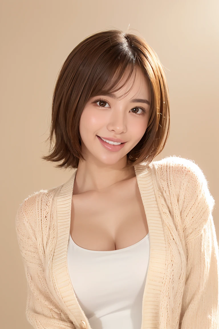 top-quality, masterpiece, 8k wallpaper, Photorealsitic, 独奏, Look firmly at the camera, 1 girl, depth of fields, natural soft light, during daytime, beauitful face, short-hair, Colossal tits, Dark blue sweater, Put your ears out, Clean short bob hair with bangs, Perfect fingers, perfect hand, Perfect body, face perfect, Cowboy Shot, Bright windowsill background, Smile at your audience, cleavage of the breast