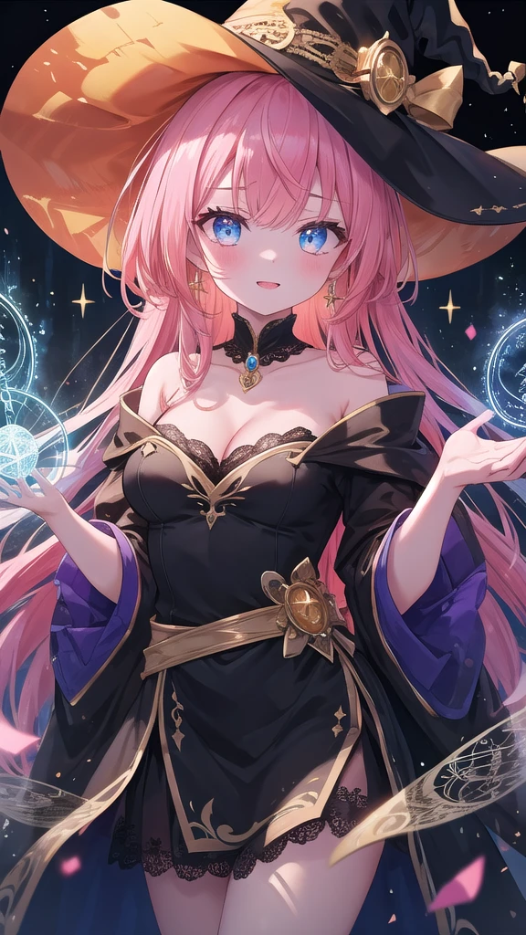 (8k, best quality, master piece: 1.2),super high resolution,1 girl, 独奏, colorshift eyes, hyperdetailed, expressive eyes, ultra-detailed face,　 fantasy witch, Velvet, lace, orange, gold, Black Robe、Pointed hat、Magic wand, Magic Circle, Shining grain, passion pink hair, Magical cave, Blue, purple, gold, dark, magical glow, Ecstatic expression, Collarbone, cleavage, cowboy shot