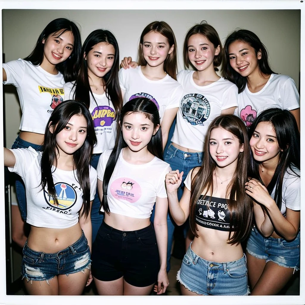 A photo from a polaroid taken with an old camera of 6 sweet young European girls 14 years old, high school best friends having a fun and sexy high school party in cute t-shirts and hot shorts ,BrookeMonk, Avarice, showing her curves and smiling, sexy, beautiful girl, innocent, neckline, Low cut tops, nude