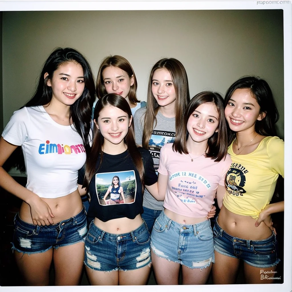 A photo from a polaroid taken with an old camera of 6 sweet young European girls , high school best friends having a fun and sexy high school party in cute t-shirts and hot shorts ,BrookeMonk, Avarice, showing her curves and smiling, sexy, beautiful girl, innocent, neckline, Low cut tops, nude