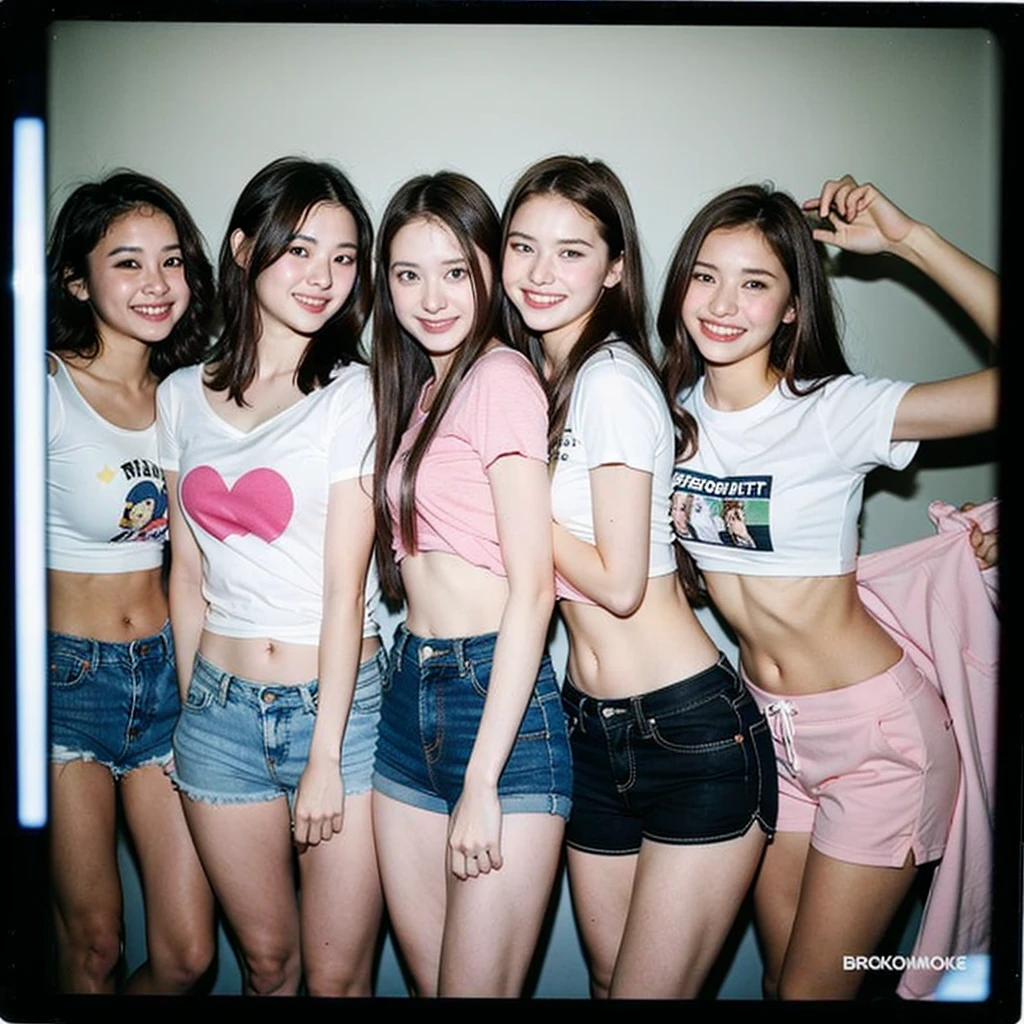A photo from a polaroid taken with an old camera of 6 sweet young European girls 14 years old, high school best friends having a fun and sexy high school party in cute t-shirts and hot shorts ,BrookeMonk, Avarice, showing her curves and smiling, sexy, beautiful girl, innocent, neckline, Low cut tops, nude