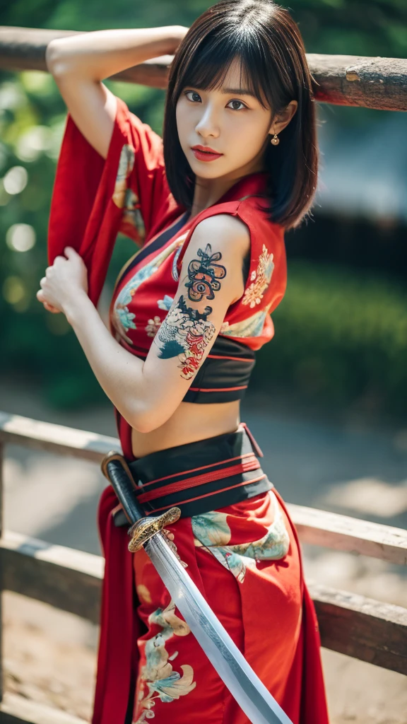 Beautiful Chinese woman, (), pretty face, red lips, white moisturized skin,
BREAK,
Athletic feminine body, Female fitness model body, Hard-toned feminine body, (muscles: 1.2), (beautiful belly button),
BREAK,
Martial arts, Kung fu, Idol,
BREAK,
(wearing cute kimono: 1.3), (red long boots 1.3), necklace, very large earrings, short length,
BREAK,
Short hair, (short bob hair), (bangs: 1.2), (pink hair), (wavy hair),
BREAK,
(very large sword: 1.4), (holding sword handle in hand: 1.3), (raising very large sword: 1.2), (getting into a fighting stance),
BREAK,
(Japanese tattoo: 1.4),
BREAK,
Masterpiece, perfect lighting, ultra-high resolution, 8K, (highly detailed: 1.4), (Front view), Looking at the camera, Melancholic expression,
BREAK,
(Tokyo city, lots of people in the background), Japanese city background,