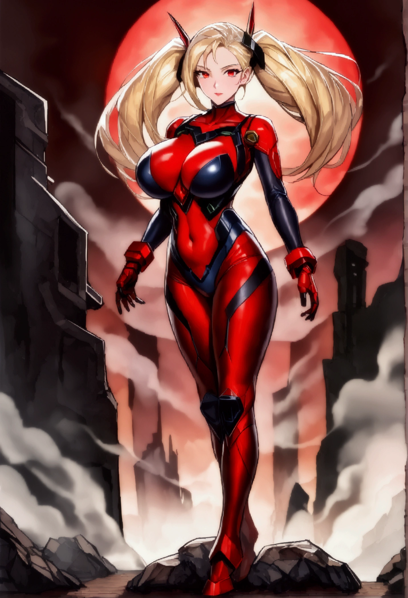 長い髪のbeautifulアニメ風の美女, (((Blonde)))Twin tail hair,(((Highest quality)))Transparent Hair,face of compassion,(((Red eyes)))Beautiful woman full of pleasure,(((A well-defined, glamorous body)))((Huge bust))Tight waist,(((光沢感ある過激な近代のArmorスーツを着ている))),(((Radical modern suit)))Wearing a modern suit that exposes the chest, navel, and thighs,Armor(((beautiful)))Fair skin,(((Standing provocatively)))Full Body Shot,(((background)))wood,fog,Red Moon,Mysterious flower,City in Ruins。