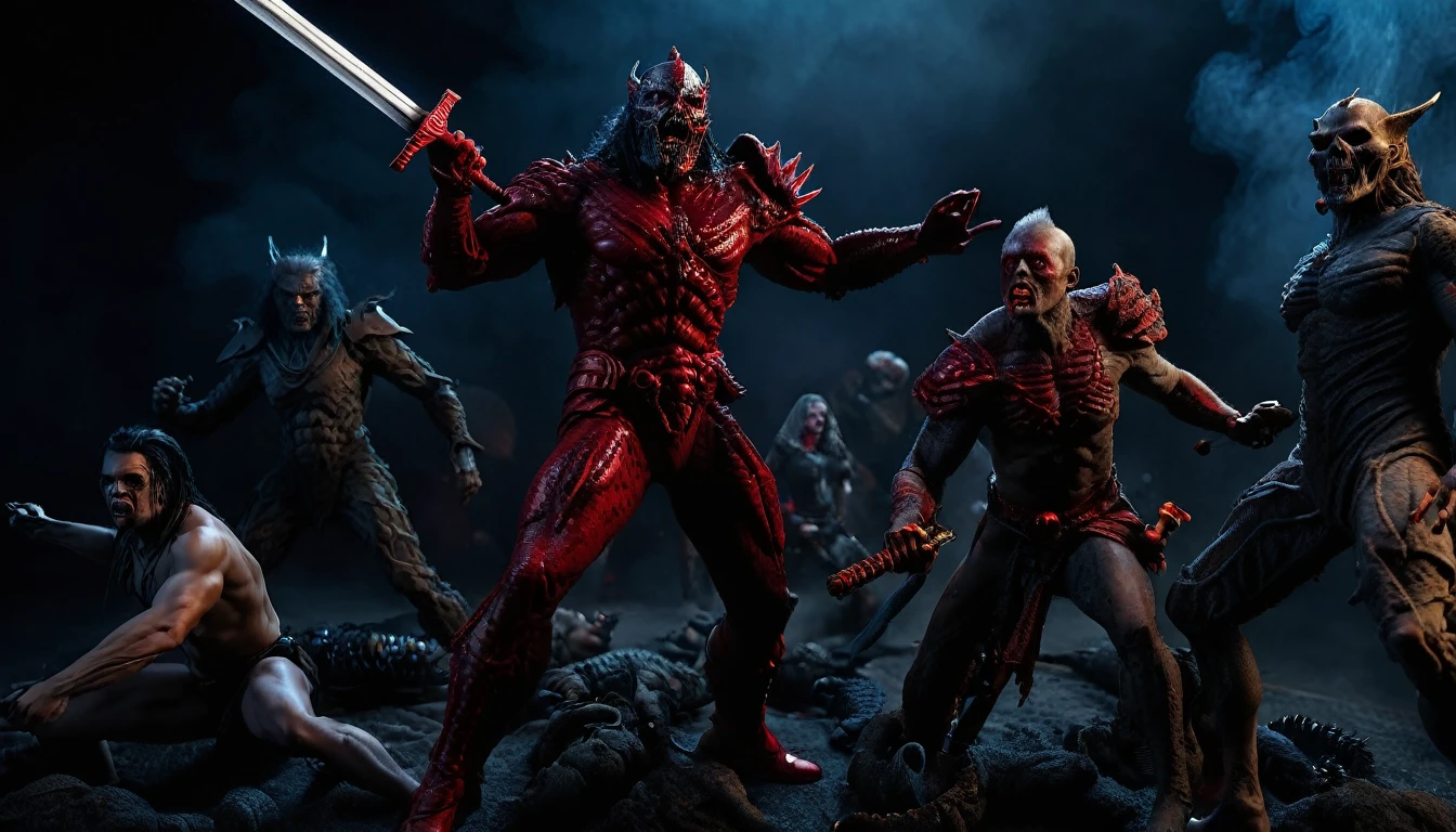 (3D rendering:3.1) in (medium full shot:3.1) in (high-angle aerial view:3.1) of lot of characters from a movie for slave girls from beyond infinity, inspired by Clyde Caldwell and Greg Rutkowski art, barbarian warriors with sword in battles against space creatures, monsters, daemons, aliens, mutant, with explosions, smoke and fire, (with Creepy, Sci-Fi, Fantasy and Horror:2.9) retro sci fi, Horror movie, very detailed body, moody, epic, ((Cinematic film)), ((Ultra Detailed)), Complex, ((Sharp Focus)), Object Texture, Studio Photo, Complex Details, ((Highly Detailed)), Photo Real Style, ((Hyper-realistic)), High Dynamic Range, ((Realistic Textures)), 8K UHD, Nikon D 850, Kodak Portra 400, Fujifilm XT, rich colors, (3D rendering:3.1)