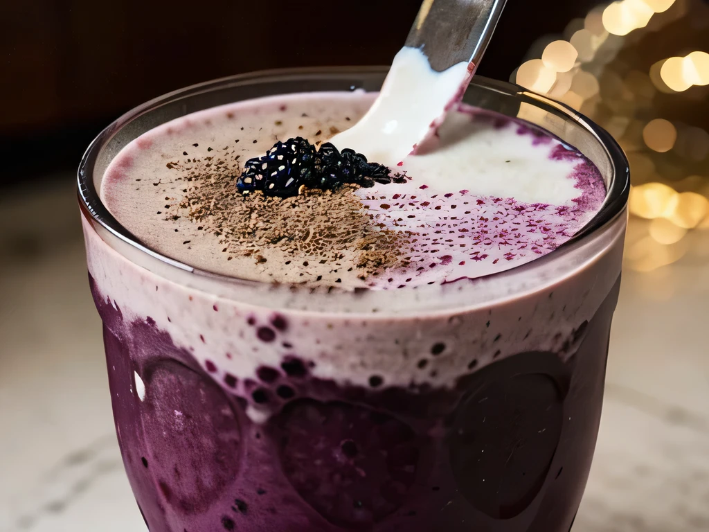 Create a photo of a blackberry smoothie,flax seed, and milk than the decoration of the ingredients