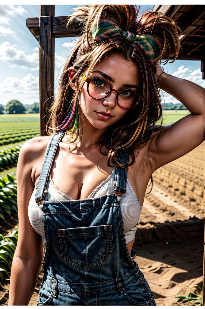 1 girl, brown hair, multicolored hair, (pink hair highlights:0.8), farm girl, sexy farmer overalls, cleavage, round eyewear, glasses, streets, green eyes, solo, farm field, standing, arms behind back