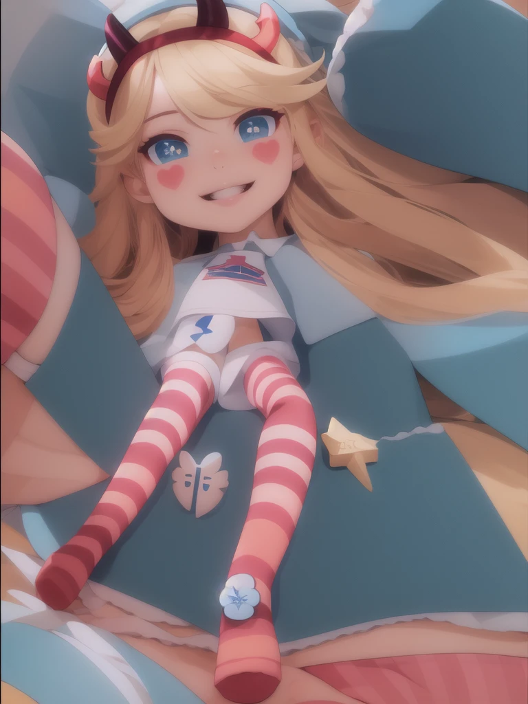 masterpiece, of the highest quality, Best Quality, 1 girl, Alone, looking at the viewer,
star butterfly, by rubio, blue eyes, facial mark, fake horns, hair band, heart cheeks, hats with horns, by the wide, striped longsocks, striped pantys, garter belt,lozhkin, smile, precise teeth with gaps 