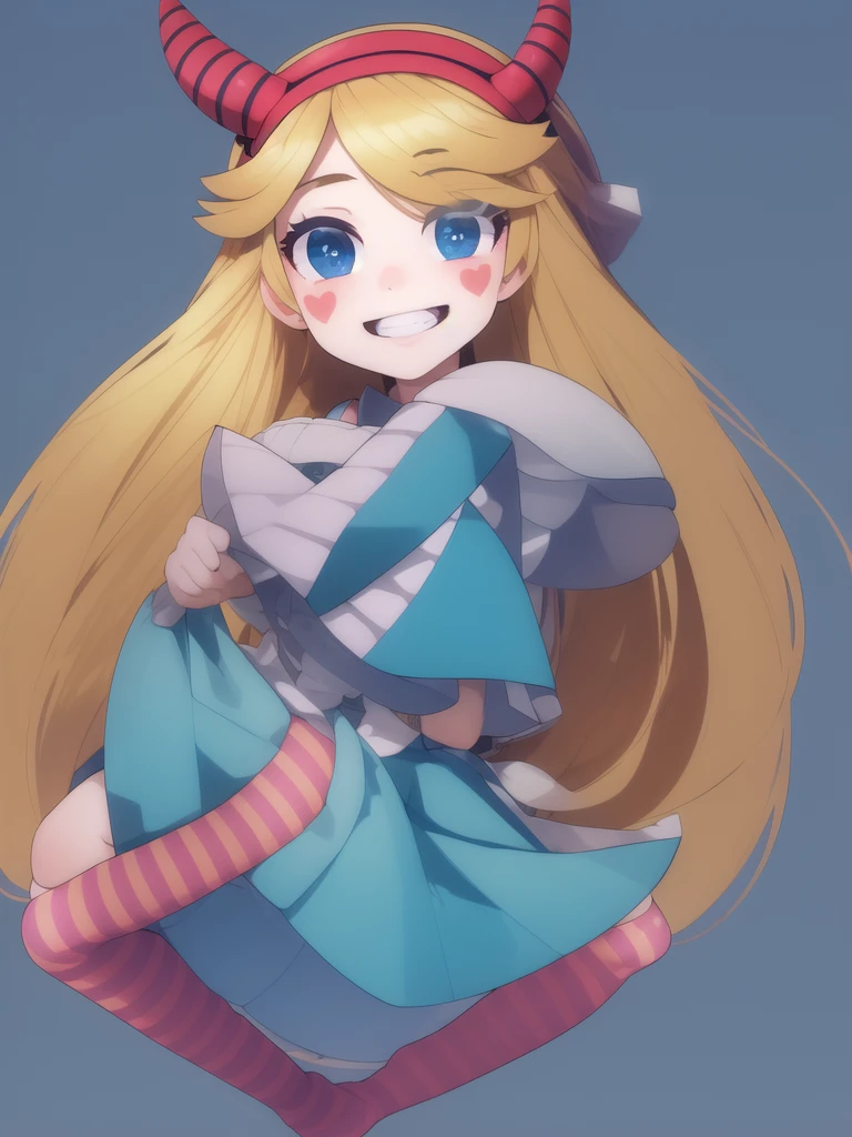 masterpiece, of the highest quality, Best Quality, 1 girl, Alone, looking at the viewer,
star butterfly, by rubio, blue eyes, facial mark, fake horns, hair band, heart cheeks, hats with horns, by the wide, striped longsocks, striped pantys, garter belt,lozhkin, smile, precise teeth with gaps 