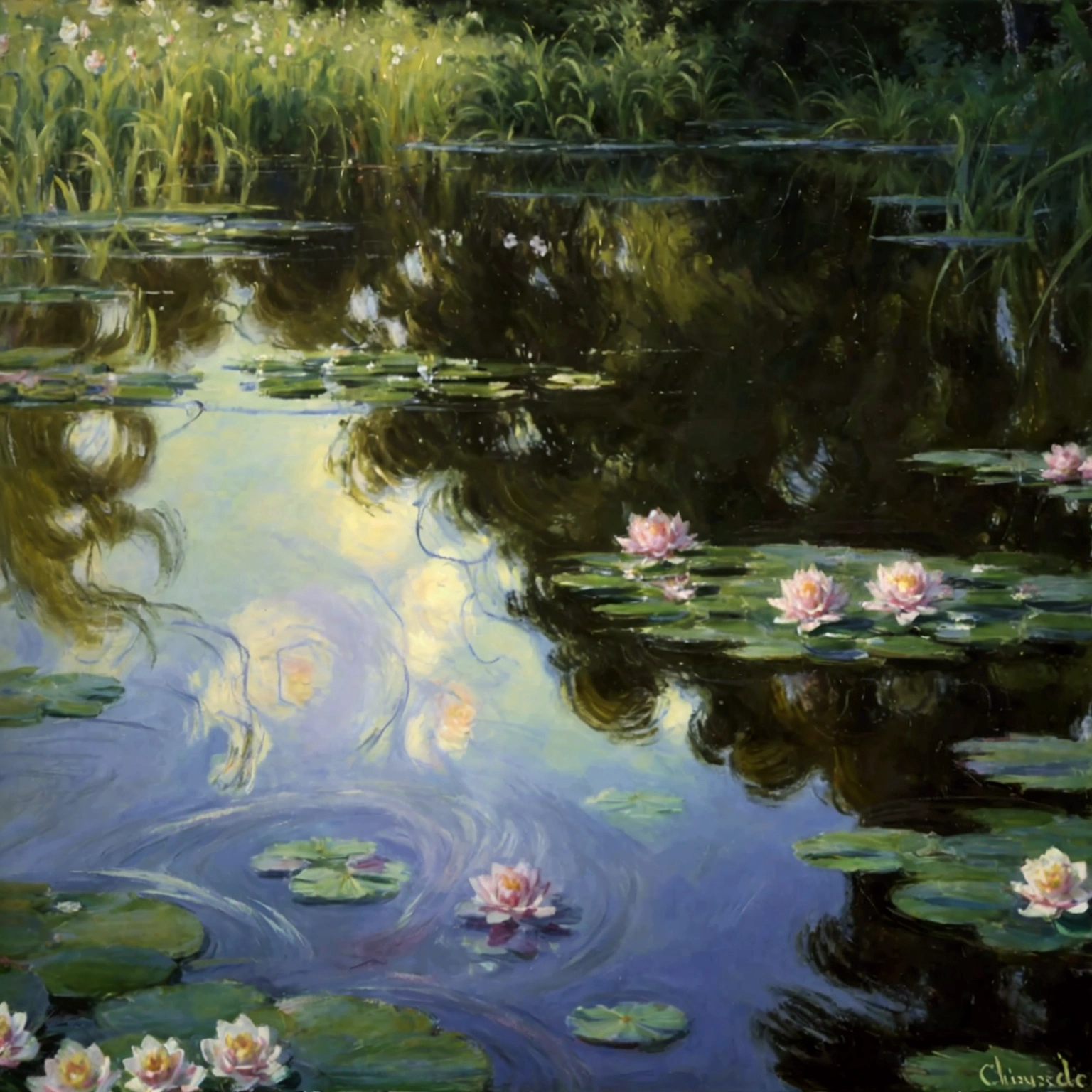 a painting of water lilies in a pond of water, monet painting, claude monet), impressionist art, by claude monet, by Claude Monet, impressionism painting, impressionist painting, water lilies, monet painted, impressionist artists, impressionism, an impressionist painting, by Blanche Hoschedé Monet, style of monet, impressionism and expressionism, charles monet, french impressionism