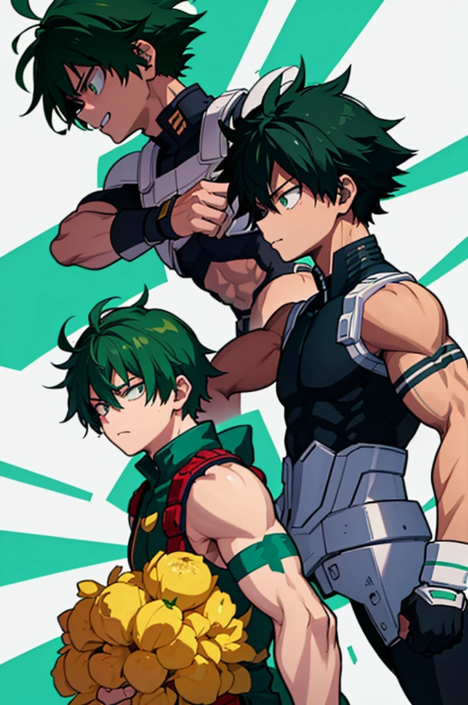 He is a 17 year old teenager, He has slightly disheveled very black hair..., somewhat light green eyes, (front angle ) , muscular body , He is dressed in the anime uniform. "my hero academia",