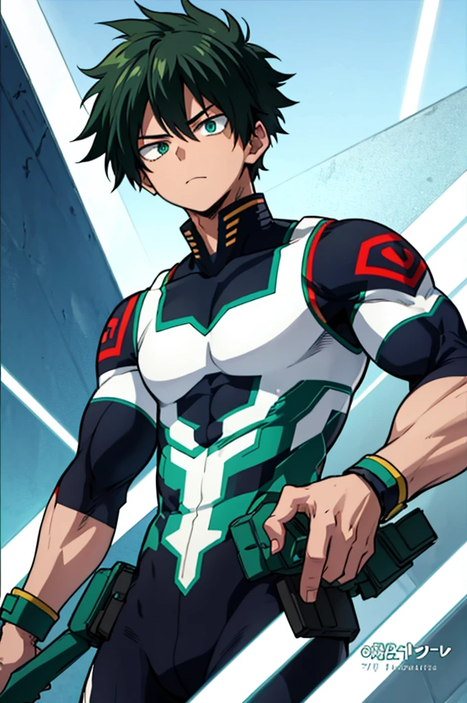 He is a 17 year old teenager, He has slightly disheveled very black hair..., somewhat light green eyes, (front angle ) , muscular body , He is dressed in the anime uniform. "my hero academia",