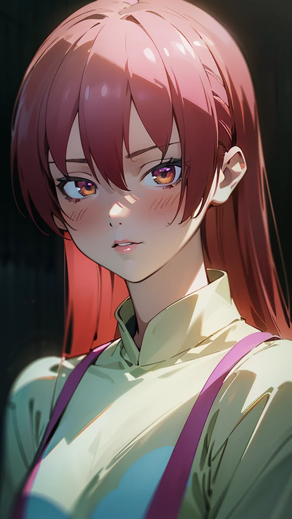 (best quality), (masterpiece), (artwork), (best illustration, desinger, colors), (best development), (detailed eyes), (extremely detailed eyes:1.2), (glowing eyes, bright, sparkling:1.3), a beautiful girl, long red hair (the color of blood), (detailed yellow eyes), white skin, background of rustic art scenery of an insane asylum, she is wearing a bloodied straitjacket (crying blood on her beautiful macabre face:1.3)[0.9]