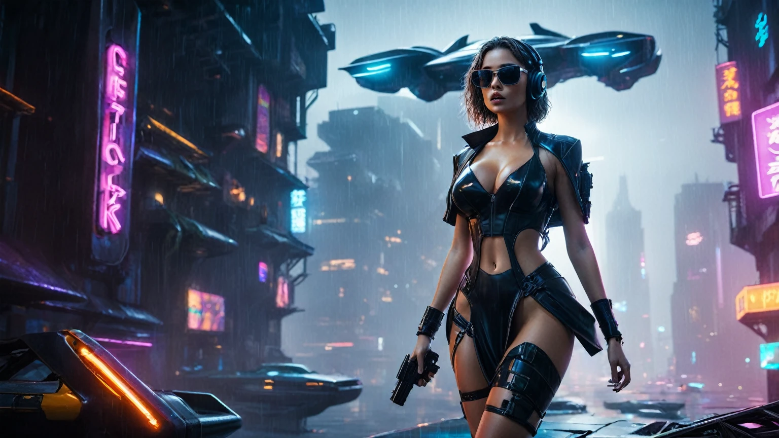 (aerial view, a flying cars docking platform, a very dark abandoned futuristic city, neon lights), rainy night. 1girl, solo, alone, large-breast:1.2 slim body, cleavage:1.1, sexy wind blowing wet dress:1.4, (headphone, black sunglasses), (((she raised a pistol:1.8 and took aim))), dynamic pose, (((half-body thigh level medium shot))), cinematic lighting, lens flare, ray tracing.