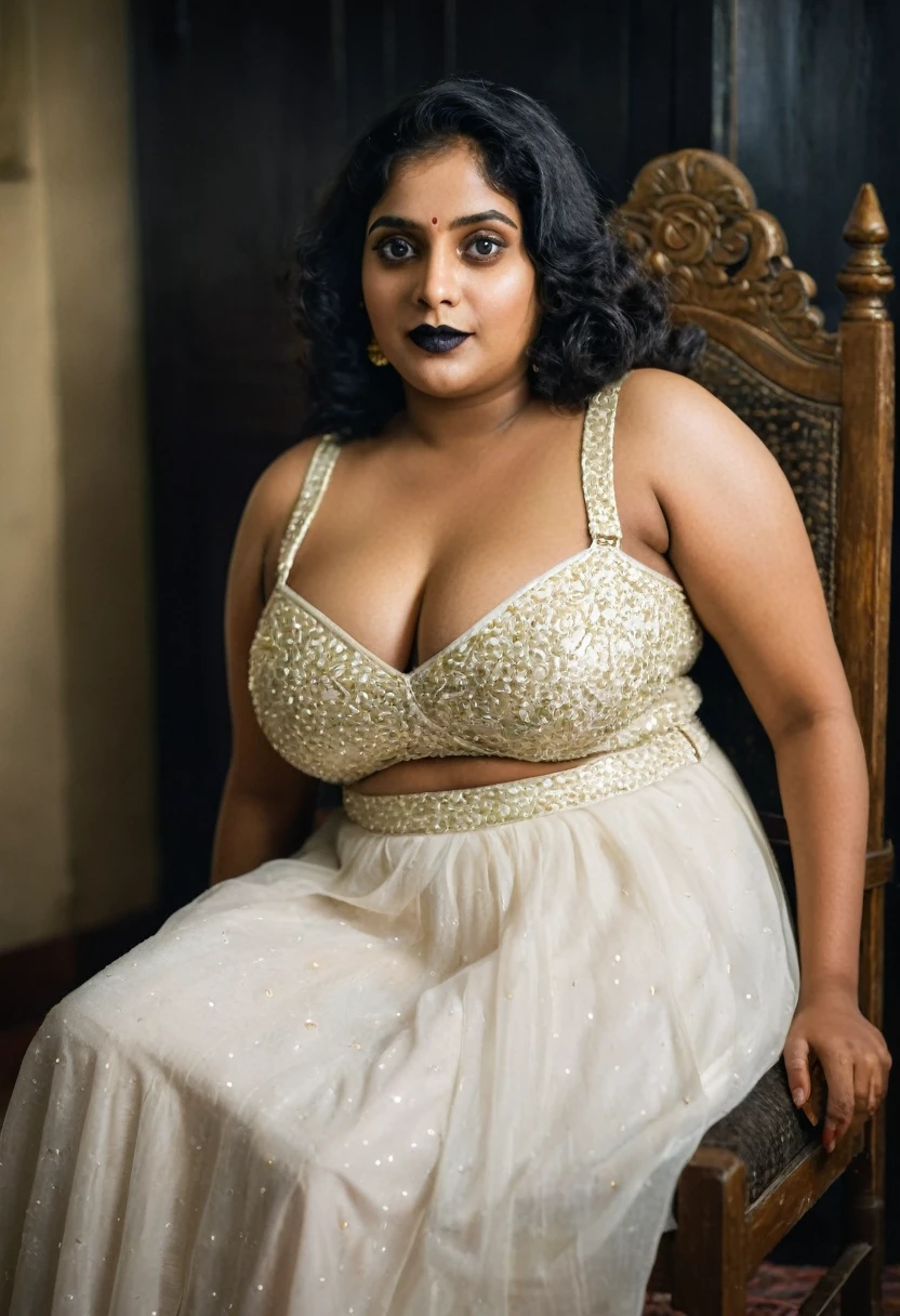 (((photo of a ancient kerala hindu devi))), (((black royal lady))) ,(((eyes))) ((((legs wide open)))), ((((sat on golden haven chair))), (((Half Body))), (((very dark skin))), (((age 35+))), (((((very dark nipple and areola))))), (((plus size chubby tall))), (((huge busty milky wet big massive boobs))), (((nude thick thigh))), (((ancient black mini skirt))), ((black skin dark body)), (((white mini skirt))), (((depth of field))), ((( spooky))),(((divine))), photorealistic,photo, realism, Getty Images, RAW candid cinema, 16mm, colour graded portra 400 film, remarkable colour, ultra realistic, textured skin, remarkable detailed pupils, realistic dull skin noise, visible skin detail, skin fuzz, dry skin, shot with cinematic,light leaks, RAW Image, DOF, depth of field,bokeh,