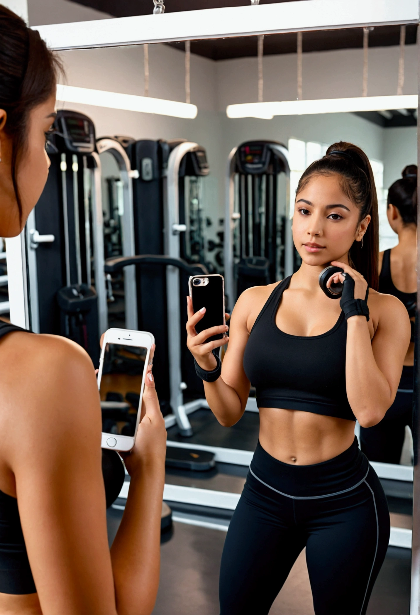 a young Latina woman taking a photo in front of a mirror in a gym. ultra-realistic and detailed image, the gym is empty and with various equipment in the background, foto tirada num iphone 14, she is holding an iphone, the mirror photo has to be realistic and not deformed, his body is lean and curvy, she wears a black crop top, correct the error in her hand, the hand has to be perfect