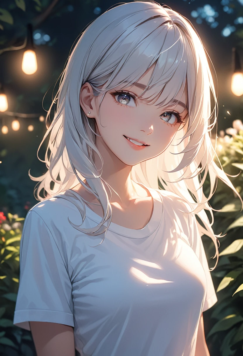 (masterpiece:1.5),(Beat Quality),(high resolution),1girl solo,Pretty Face,Smile(Shining eyes),Upper Body,Lighting Effects,Two-tone hair(black and white),Woman in plain clothes,garden