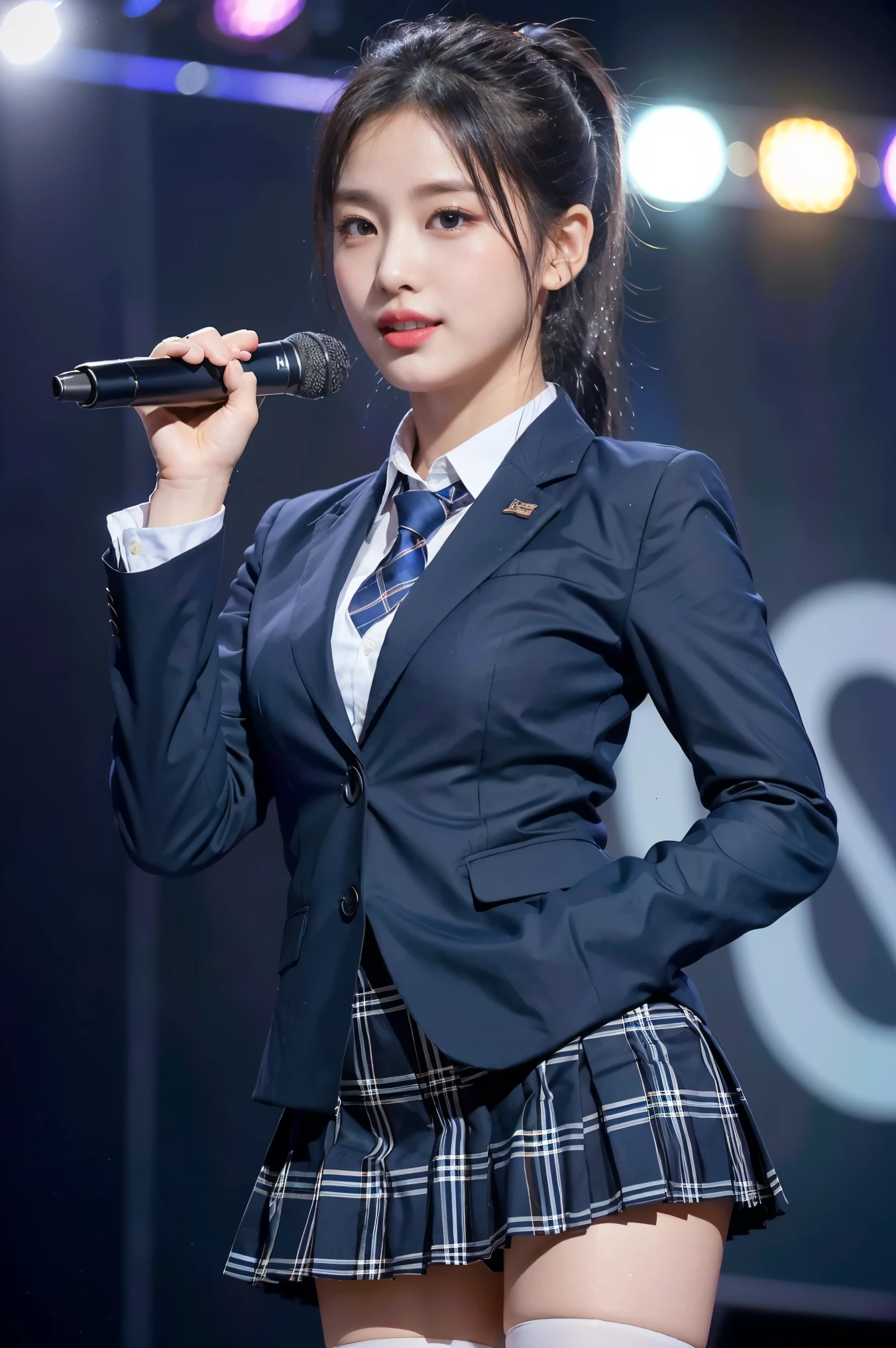 (8K), (highest quality: 1.2), (realistic), (realistic: 1.47), ultra high resolution, 1 girl, cute, smile, closed mouth, (thick lips:1.2),red lip,(Purse your mouth),beautiful details, beautiful nose,(Straight shiny black hair),(With a black ribbon on her head),(ponytail hair),Standing on the concert stage,hold the microphone in your right hand,Bend your elbows and raise your hands,(University Student Uniform,A simple navy blue blazer,white satin shirt,tie,Tartan check pleated skirt,opaque tights:1.2),(Close up on wet thighs:1.2),(knees),(medium shot),