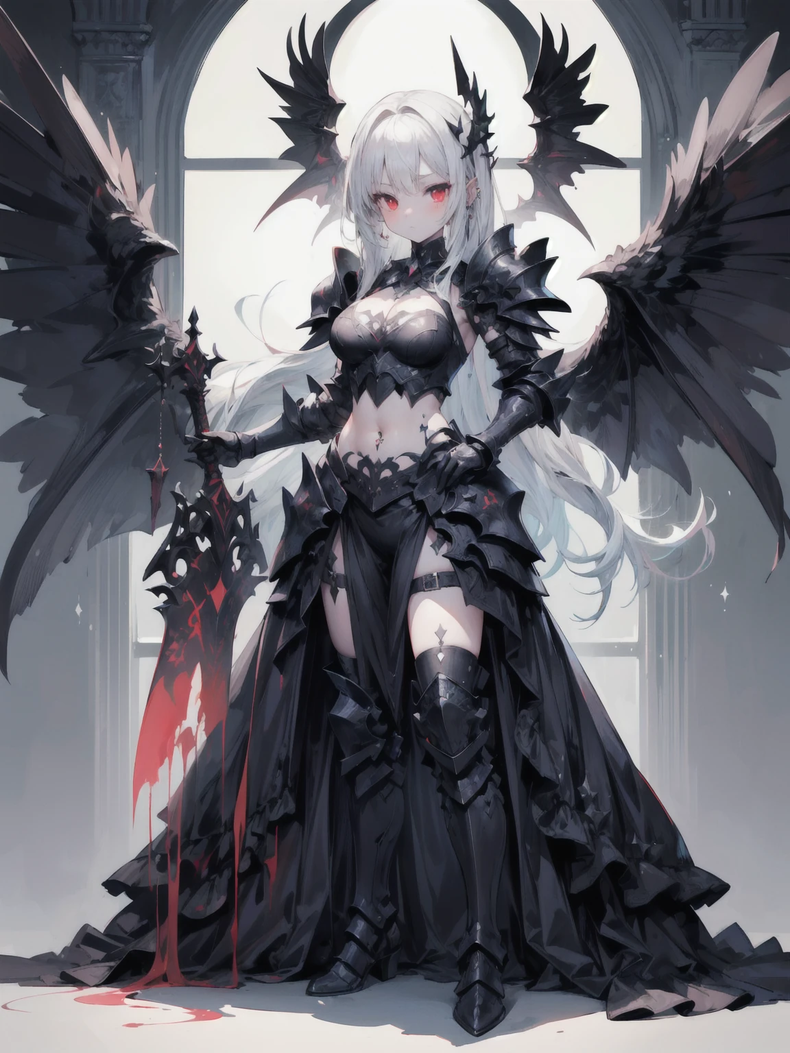 ((best quality)), ((masterpiece)), (detailed), 1girl, Character design, female, dynamic poses, long white grey hair, grey white eyes, very skinny, detailed, best quality, no accesoires around the neck, no shoes, prominent collarbones, skinny arms, flat stomach, visible hip bones, full body, blank white background, plain background, white background, red and white clothing, Bloodborne inspired, occult aesthetic, occult, detailed and intricate steampunk and detailed gothic, NSFW, Very dramatic and cinematic lighting, cosmic horror, grim-dark, side-lighting, perfect face, NSFW, Fluttering lace flared long knee length dress with frilly petticoats, knee length dress, pleated petticoats, petticoats gothic, complex lace boots, side-lighting, gothic aesthetic, wielding a mighty sword with mechanical components, mandalas, small breasts, a fairy, various different types of insect wings, NSFW, full body, whole body, body, plain background, white background, blank background, no background, white background NSFW, chains, full body, whole body, head-to-toe NSFW