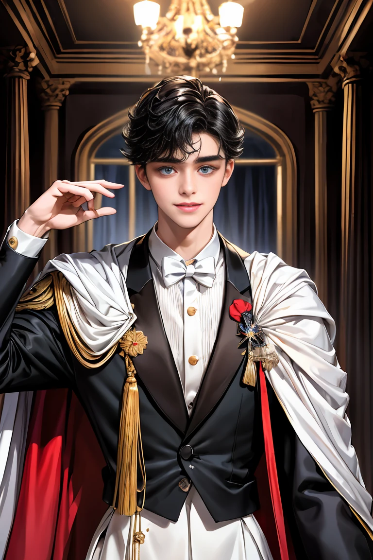 
masterpiece, 最high quality, high quality, 1 boy, alone, Male focus, Watching the audience,  Messy black hair, Adorable big blue eyes, White, Noble, Noble,A sexy, voluminous, puffy cape、tuxedo、A very voluminous, large, very large, very large, long, long red and black cape with a high stand-up collar, made of a lot of fabric that reaches down to the floor., ,Cute beautiful boys,Cute, cute, handsome boy with a gentle smile
