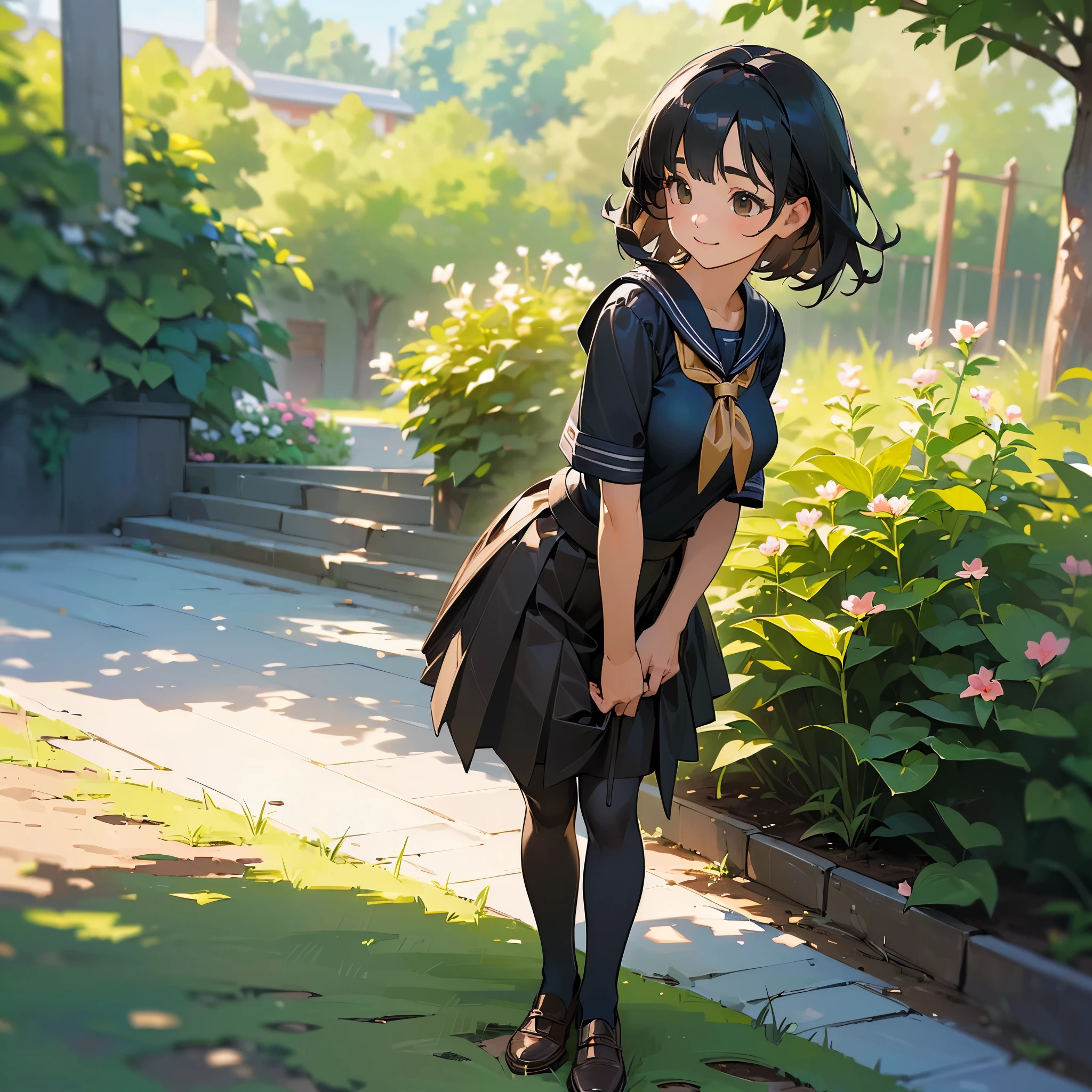 (Highest quality, High resolution, Super detailed, Realistic:1.37), Peaceful atmosphere, (Outdoor, garden), age girl standing alone,(my breasts are big.),Beautifully detailed features, Cute Smile, ((Black bob hair)),Short-sleeved sailor uniform, Pleated skirt,Black tights,Brown leather shoes.