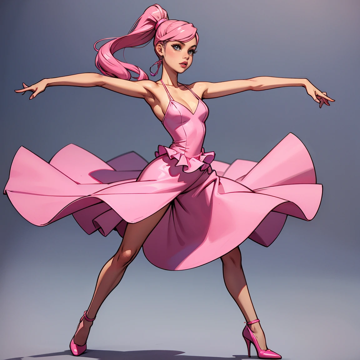 3Dmodern、(Cartoon、Realism)、modern、girl、Pink dress、Pink high heels、whole body、High precision、Delicate facial features、Dance poses