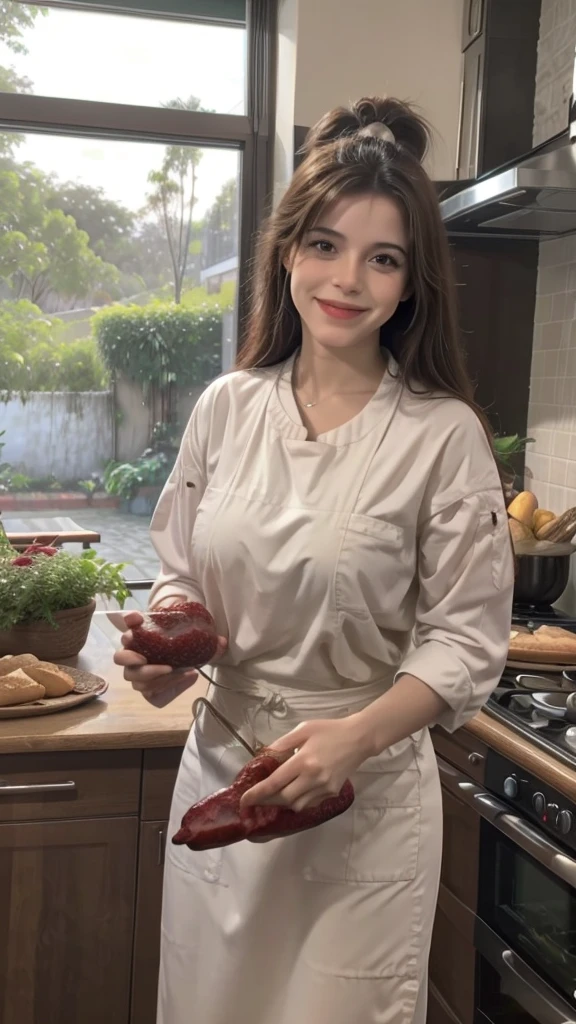 A Brazilian female chef with a smile,Very nice mood,In a bright European kitchen,There is a large window,There is also a beautiful setting of plants to cook delicious food and several healthy dishes ready on a table in plain sight.