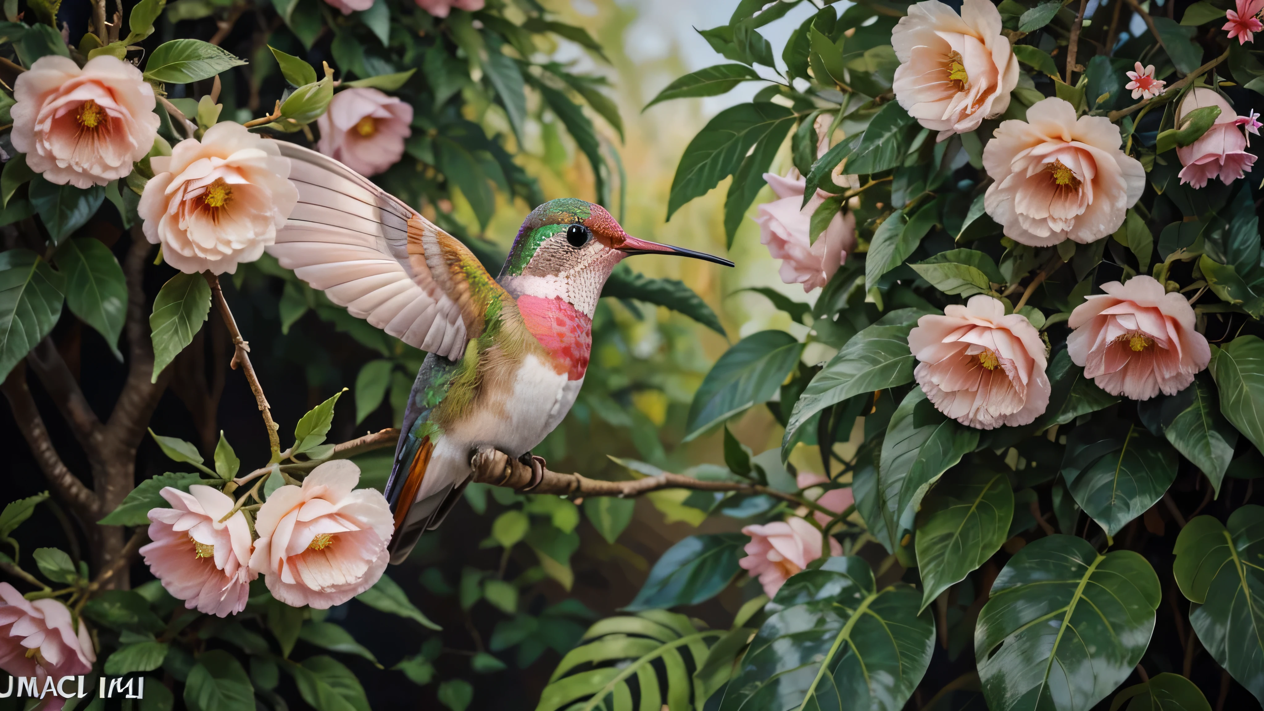 painting of a hummingbird with 9 vivid color gradiation sitting on a branch with flowers, painting of a colorful hummingbird, detailed painting 4 k, full of colors and rich detail, beautiful art uhd 4 k, beautiful painting of a tall, colorful bird with a long, artistic 4 k, detailed 4 k oil painting, beautiful detail and color, painted in bright water colors, hummingbird, colorful oil painting