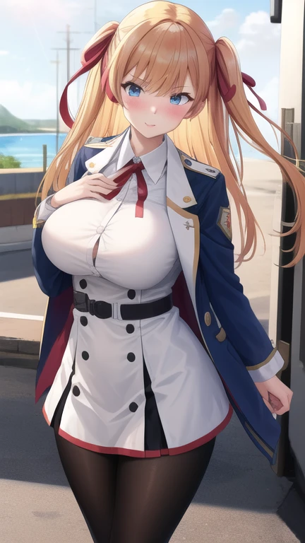 (masterpiece, best quality:1.2),illustration,8k,hd,absurdres,1girl,solo,cowboy shot,sussex (azur lane),bangs,black footwear,black pantyhose,blonde hair,blue eyes,blue jacket,blush,brown belt,buttons,cropped jacket,eyebrows visible through hair,hair ribbon,large breasts,long hair,facing viewer,long sleeves,mole under eye,one side up,open jacket,red ribbon,short dress,white dress,straight hair,loafers,