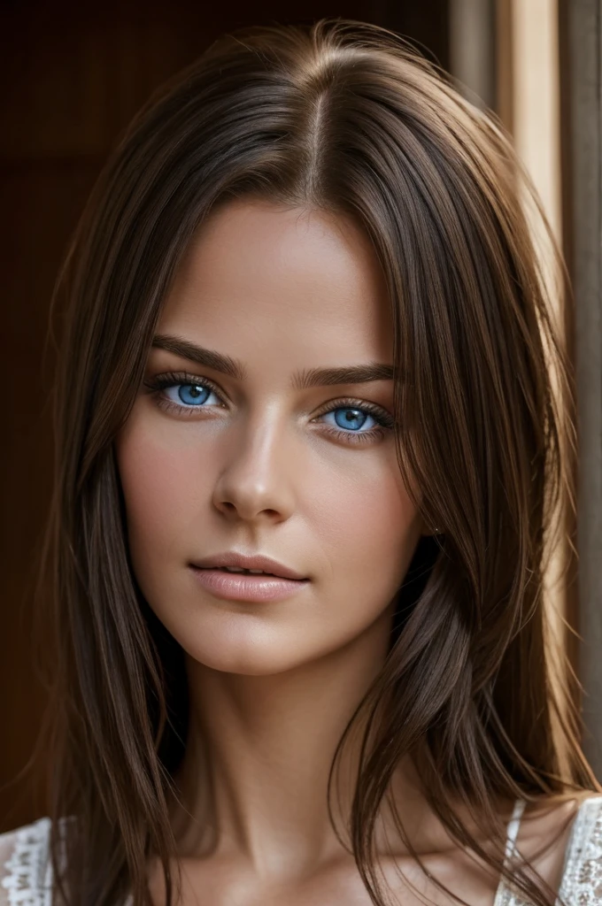 Ultra realistic photo portrait of a Brunette with straight haire, Frenchwoman, no makeup, meticulous, gorgeous, 21 old large lips, blue eyes, tied hair | detailed, highly detailed, 8k resolution, high resolution, full hd resolution image grain, award winning photography