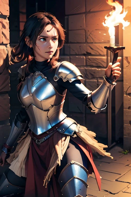 ((masterpiece, Highest quality)), ((Detailed CG integrated 8K people)), Rooms in the dungeon, torches, Woman fighting monsters, Sword in hand, Wear armor, head to waste,