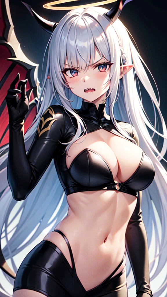 masterpiece, high quality, 4K, HDR,, A female knight wearing an armored dress BREAK Black halo above head, black horns on head, black dragon tail growing, large black wings on back BREAK Silver hair in an updo hairstyle with blunt bangs, long hair, disgruntled expression, crimson eyes, narrowed eyes, sharp teeth, slightly pointed ears, slightly open mouth BREAK Athletic, toned body, medium breasts BREAK Standing in a dramatic pose against a dark, ominous background