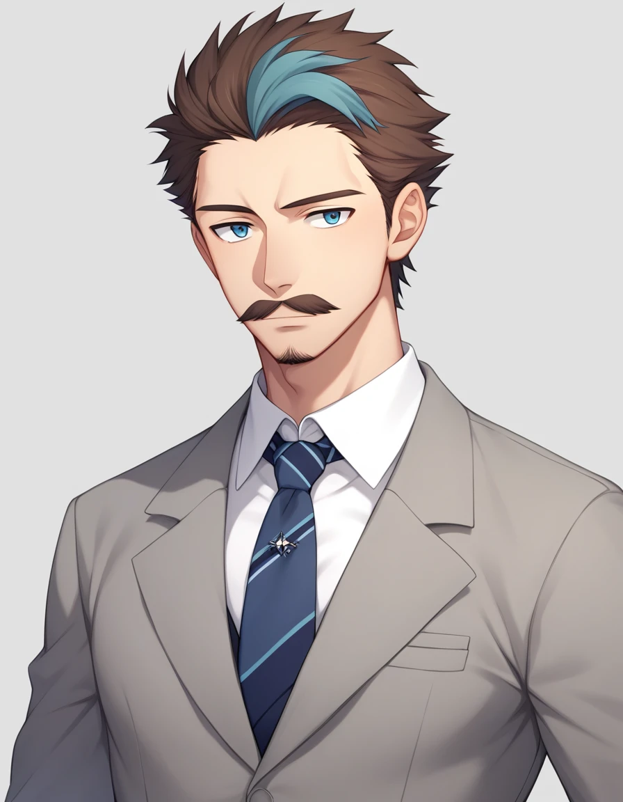 Score_9, score_8_up, score_7_up, source_anime, 1man, mature male, parted bangs, medium-short hair, brown hair, muscular male celeb, short goatee, short mustache, indigo eyes, gentleman, elegant netori male, dark iris, upperwaist, BREAK solo, white collared shirt, gray trench coat, black neck ribbon, in gentle sasaki style, visual novel, 2010s, extreme all detailed, masterpiece, best quality