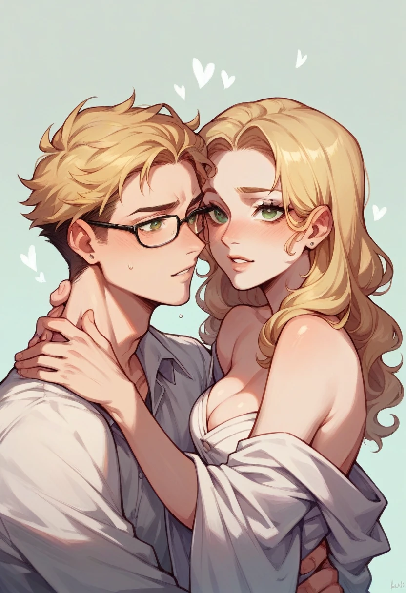 Create a couple celebrating at the team's football stadium wearing the color shirt (black andwhite)
how they should be: man with curly hair and brown color and brown eyes also his skin will be white as the woman should be a woman with glasses blonde hair white skin color with green eyes.