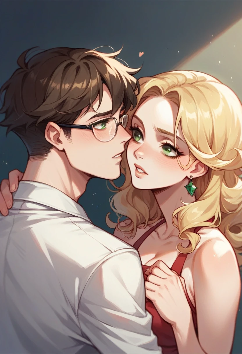 Create a couple celebrating at the team's football stadium wearing the color shirt (black andwhite)
how they should be: man with curly hair and brown color and brown eyes also his skin will be white as the woman should be a woman with glasses blonde hair white skin color with green eyes.