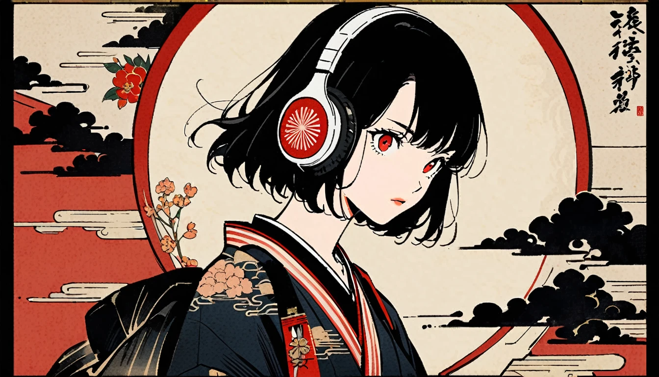 Red eyes, Ink Painting, 1 girl, tattoo, sunglasses, Japanese style headphones, beautiful girl, Black Hair, peace, Delicate and precise, Modern ukiyo-e style, Japan Karate