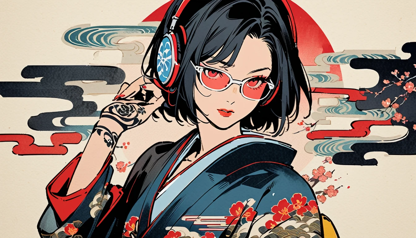 Red eyes, Ink Painting, 1 girl, tattoo, sunglasses, Japanese style headphones, beautiful girl, Black Hair, peace, Delicate and precise, Modern ukiyo-e style, Japan Karate