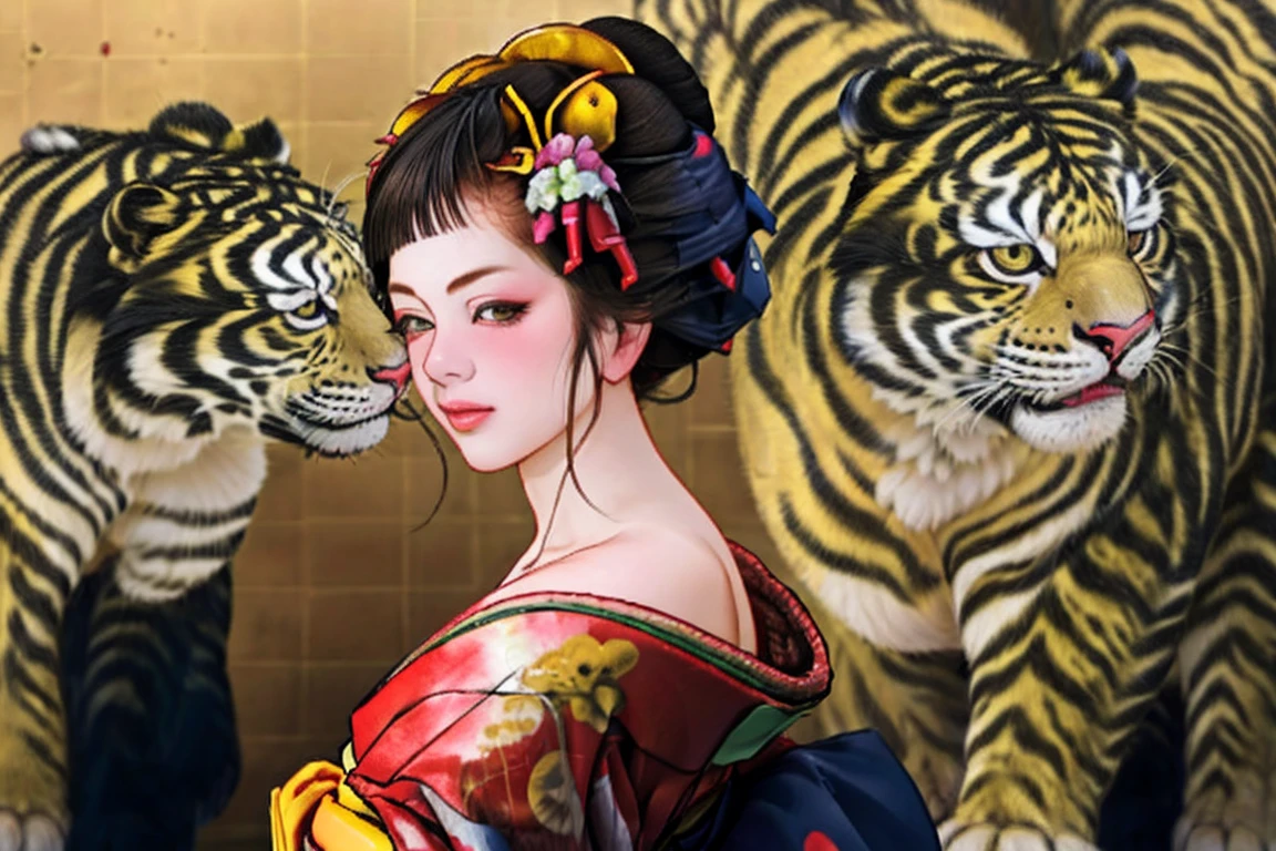 1 Girl, alone, Oiran, Maiko, country, Looking at the audience, short hair, Brown eyes, Brown Hair, Black Hair, hair ornaments, Upper Body, kimono, Blunt bangs, kimono, sash, Compensate, Bob cut hair, background with white Tiger, (((bare shoulders:1.2))),