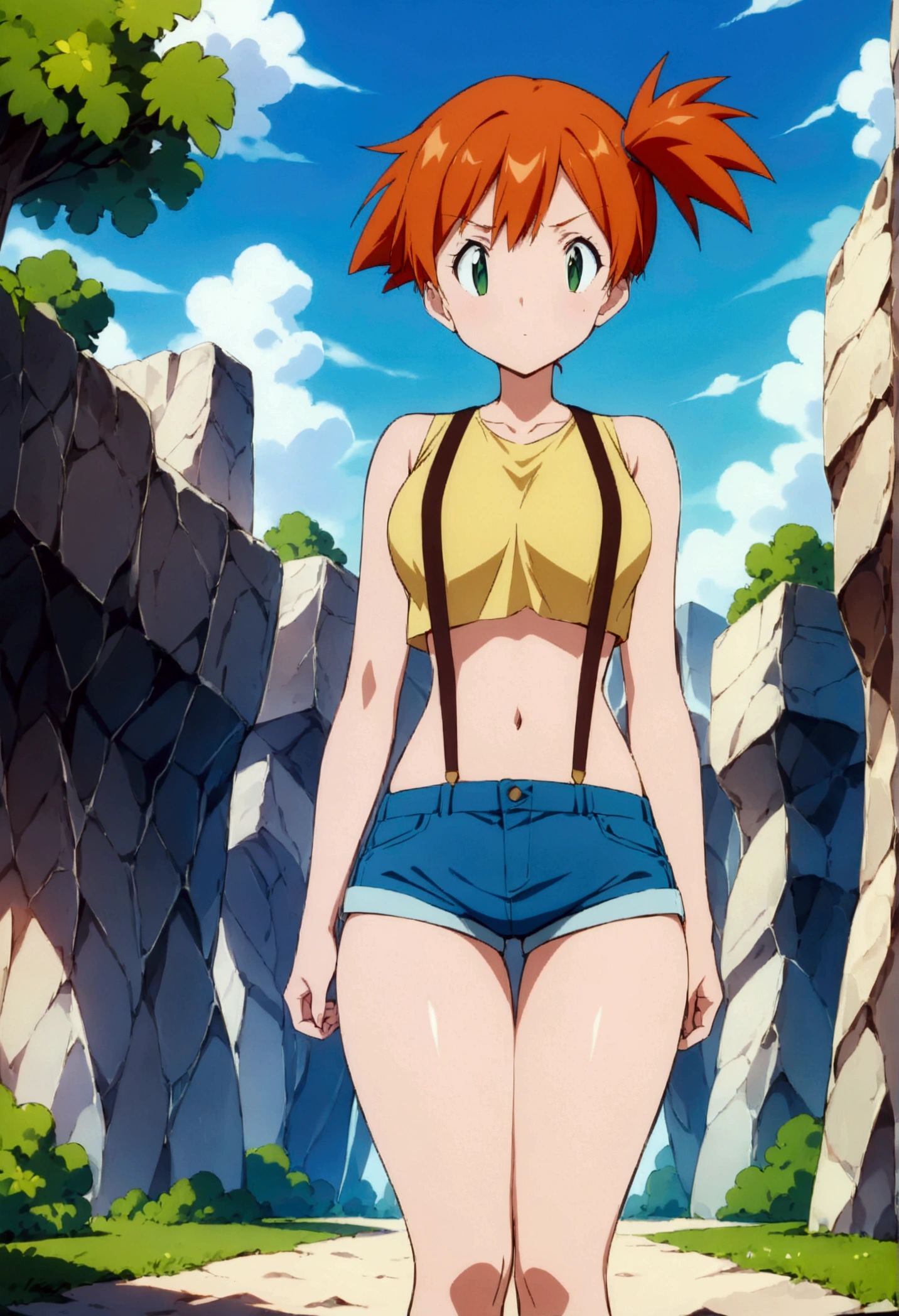 (score_9, score_8_up, score_7_up), (best quality, masterpiece),perfect anatomy,aesthetic,very aesthetic,official style, ultra-high resolution,source_anime.from front,front view,face focus ,,standing ,  (mature) ,1girl, Outdoor, Green Eyes, Orange Hair, , Yellow Shirt, Sleeveless shirt,(stomach), Denim shorts, suspenders, ,   (slender), ,shirt_pull:1.2,(Composition)
