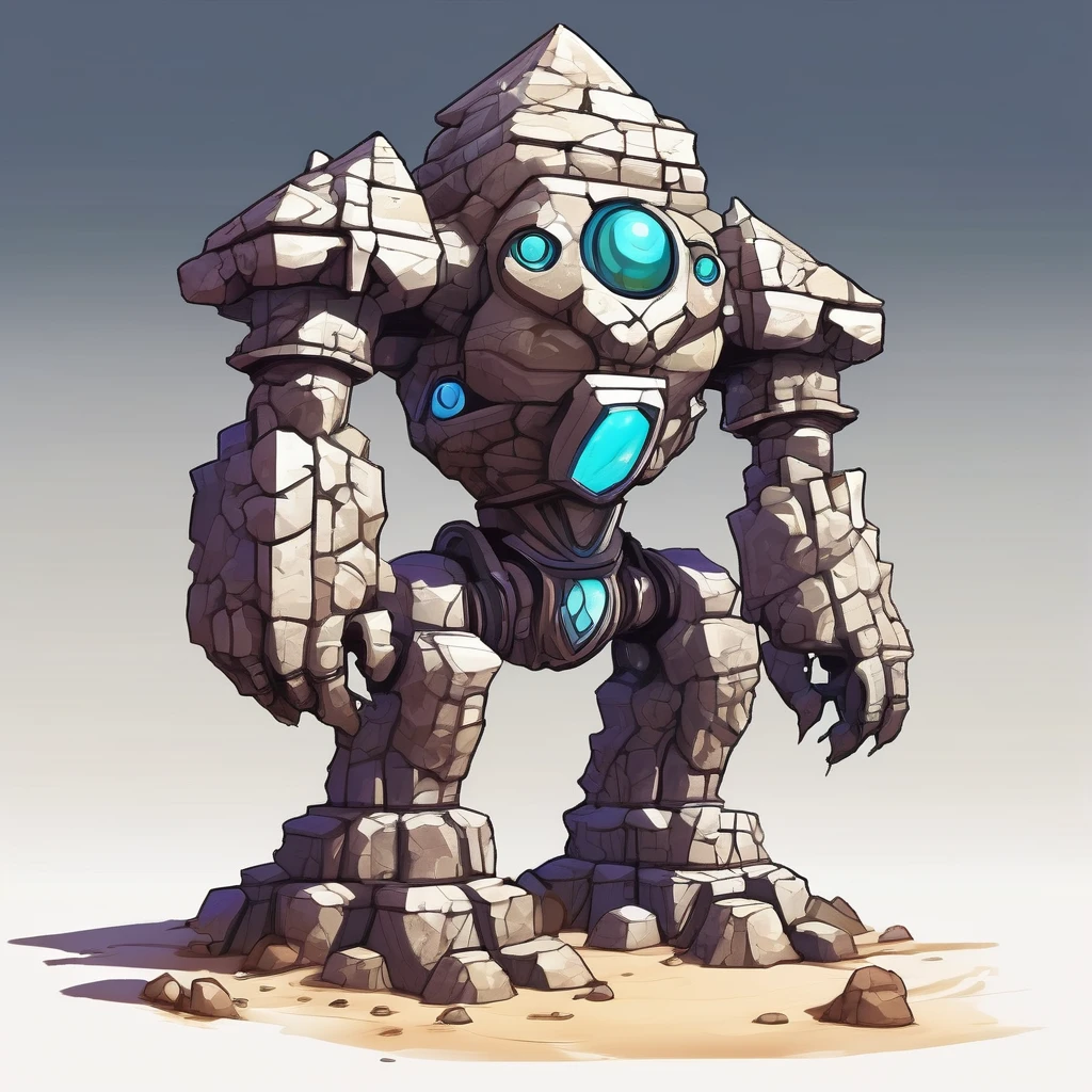 Isometric view, Dark fantasy anime style, beautiful stylized digital painting of a adorable Eternal Desert Sentinel: A stone golem-like guardian, ancient ruins of the Aztecs. white background