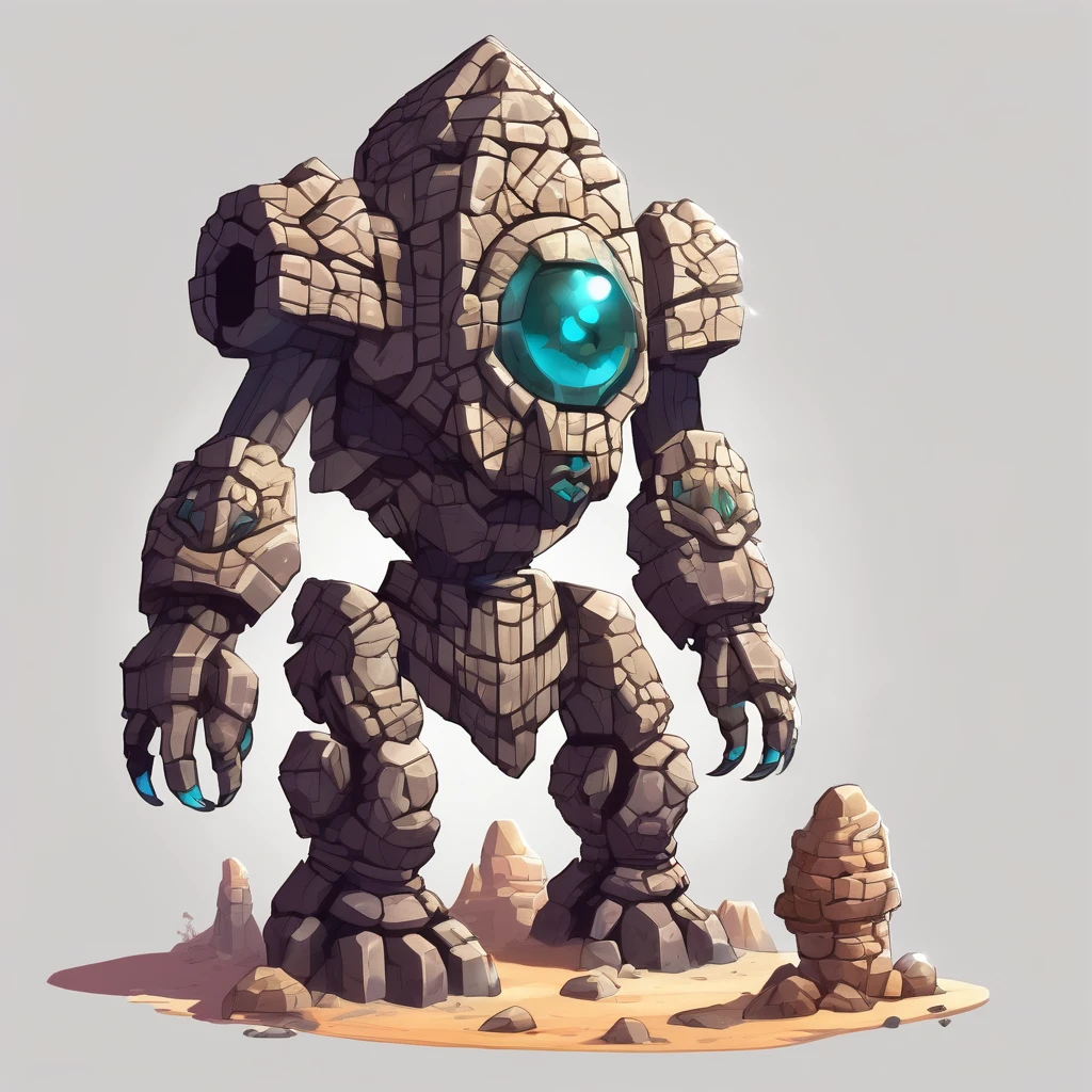 Isometric view, Dark fantasy anime style, beautiful stylized digital painting of a adorable Eternal Desert Sentinel: A stone golem-like guardian, ancient ruins of the Aztecs. white background
