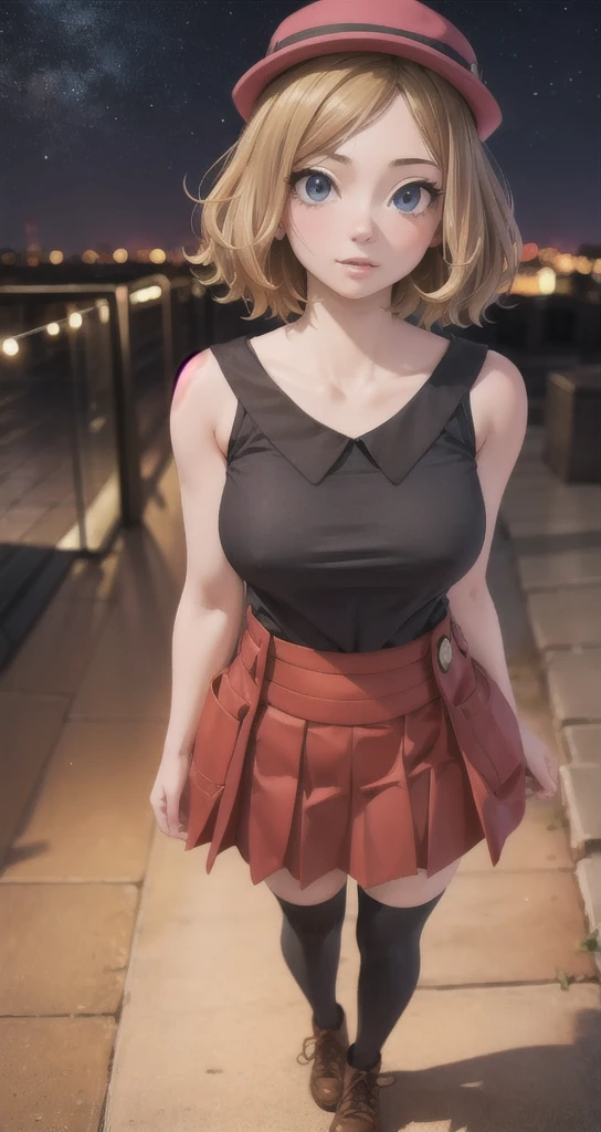 1girl, extremely detailed eyes and face, beautiful detailed eyes, beautiful detailed lips, long eyelashes, mature female, hat, sleeveless, long hair, thighhighs, short hair, skirt, black thighhighs, shirt, collarbone, red skirt, pleated skirt, sleeveless shirt, (best quality,4k,8k,highres,masterpiece:1.2),ultra-detailed,(realistic,photorealistic,photo-realistic:1.37),high point with a clear view of the stars,(full body),from above:1.1,depth of field,looking at viewer