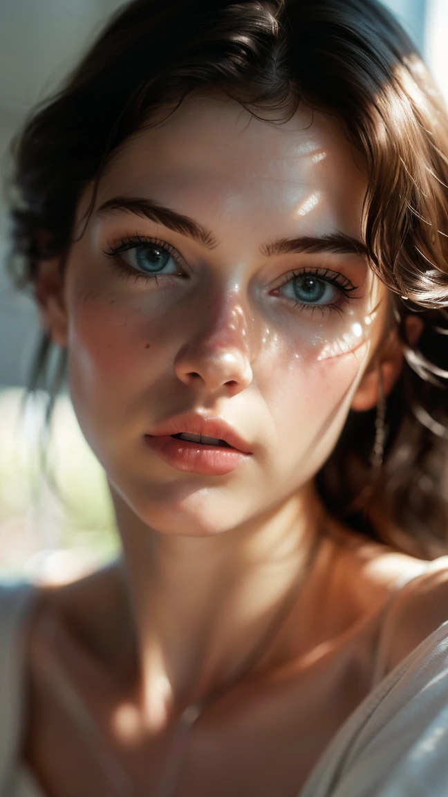 (((ultra realist))) photoshot, masterpiece, top quality, (pale skin), (ultra-detailed face and eyes:1.3), 1 girl, adult, im T-Shirt, (Eye make up, mask) , ((size, Detailed Lips)), ((ashy wavy hair)), ((Chyolka)) , (Natural breasts), Slender waist. ((posing)), photoshot-Shooting, studio (Soft lighting), (The play of light and shadow), depth of field, bokeh, (special attention to skin details: 1.2), Detailed leather structure, Hautporen. (Airy atmosphere of the frame. Colour palette - delicate, bright, White, Pink tones), DR, ((film grain)), ((Rays)), ((Glare from the sun)), ((Waist up portrait, close to the camera)) , ultra detailed,