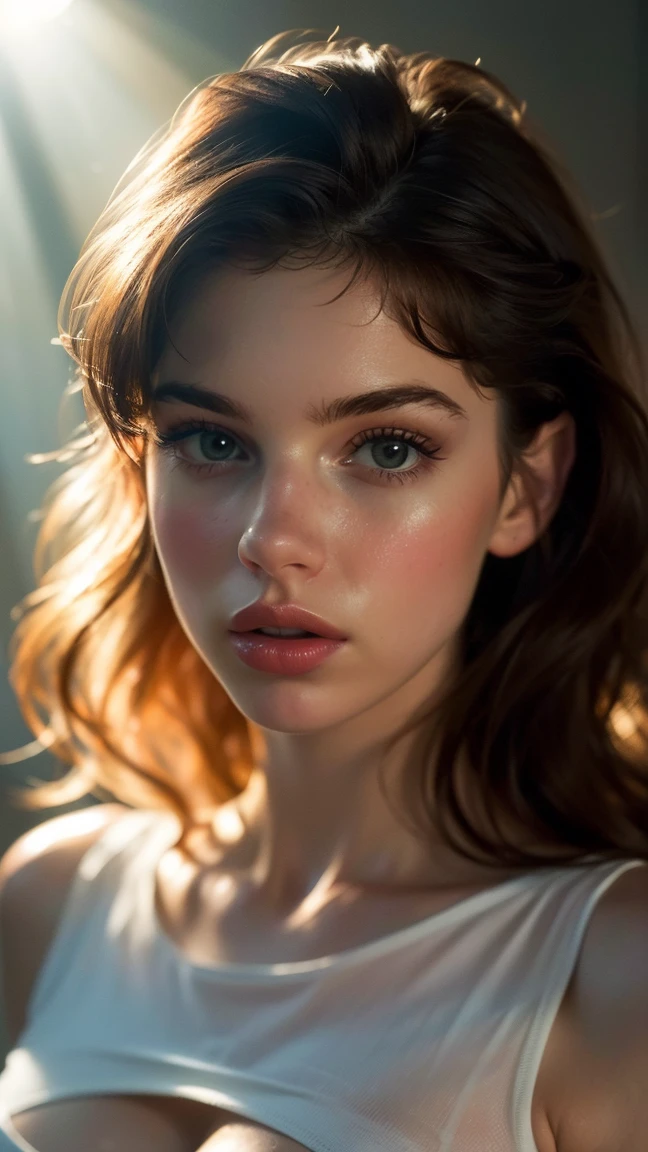 (((ultra realist))) photoshot, masterpiece, top quality, (pale skin), (ultra-detailed face and eyes:1.3), 1 girl, adult, im T-Shirt, (Eye make up, mask) , ((size, Detailed Lips)), ((ashy wavy hair)), ((Chyolka)) , (Natural breasts), Slender waist. ((posing)), photoshot-Shooting, studio (Soft lighting), (The play of light and shadow), depth of field, bokeh, (special attention to skin details: 1.2), Detailed leather structure, Hautporen. (Airy atmosphere of the frame. Colour palette - delicate, bright, White, Pink tones), DR, ((film grain)), ((Rays)), ((Glare from the sun)), ((Waist up portrait, close to the camera)) , ultra detailed,